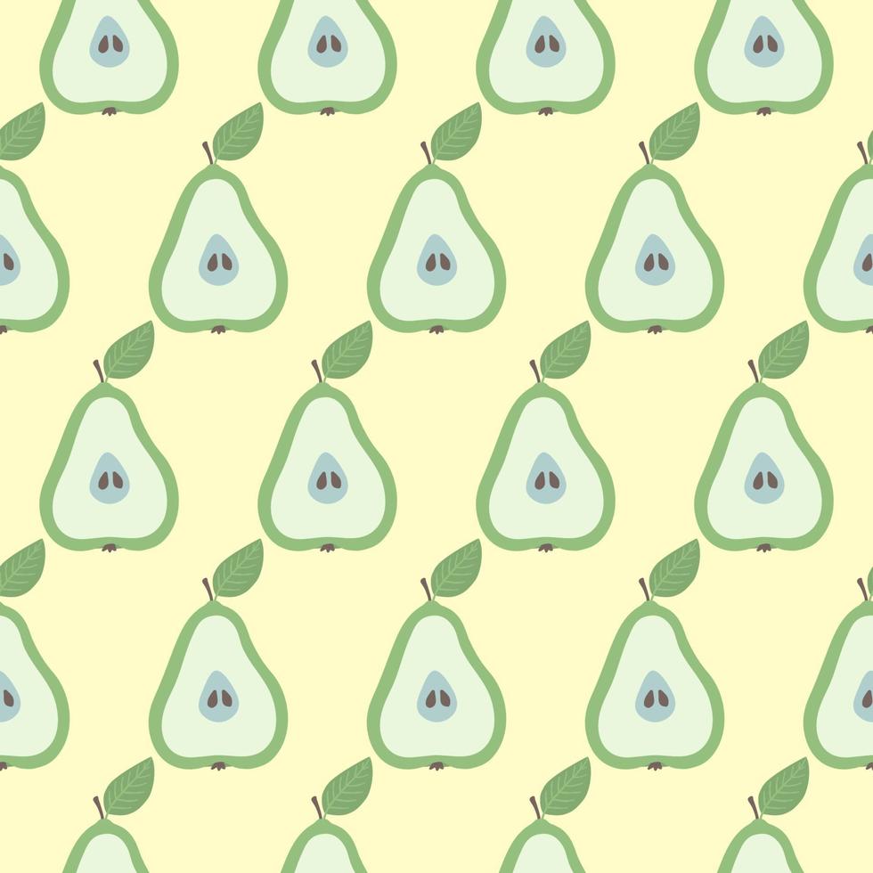 Seamless pattern with green halves of pears on yellow background. Vector print for fabric, wrapping, textile, wallpaper.
