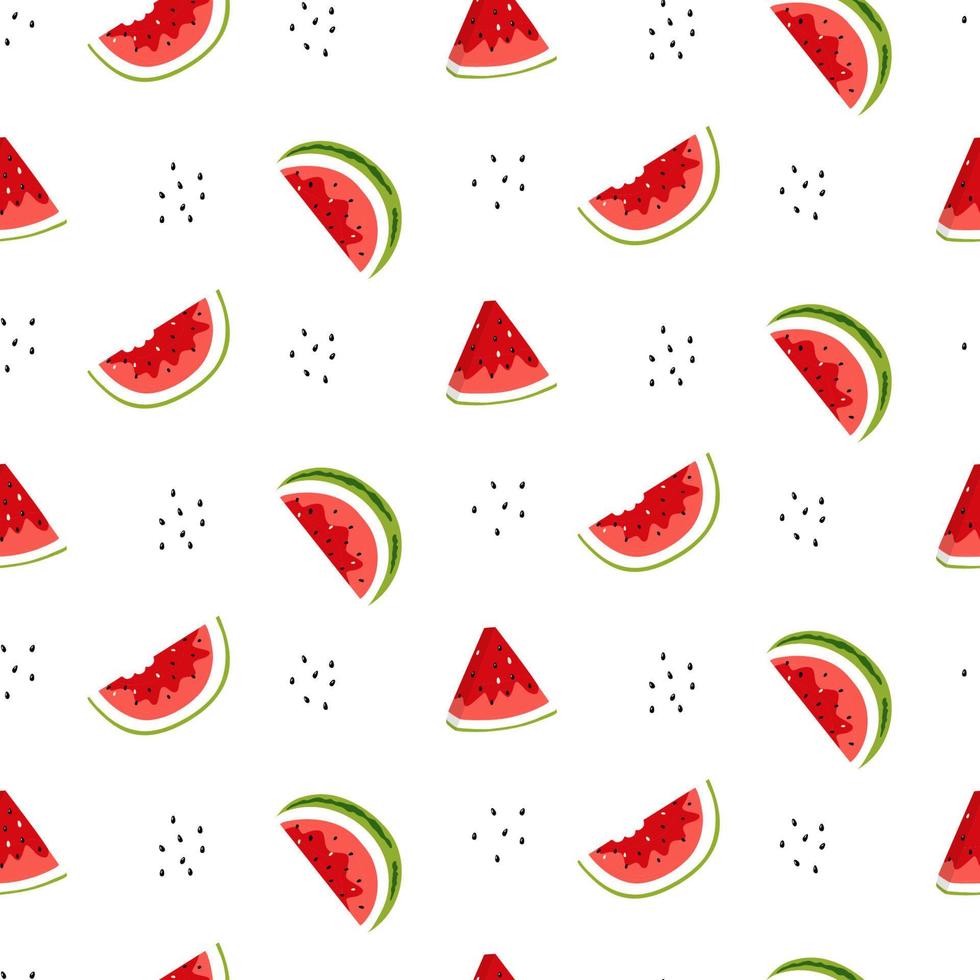 Bright seamless pattern with watermelon slices and seeds. Vector background. Colorful summer print for wallpaper, backdrop, fabric, etc.