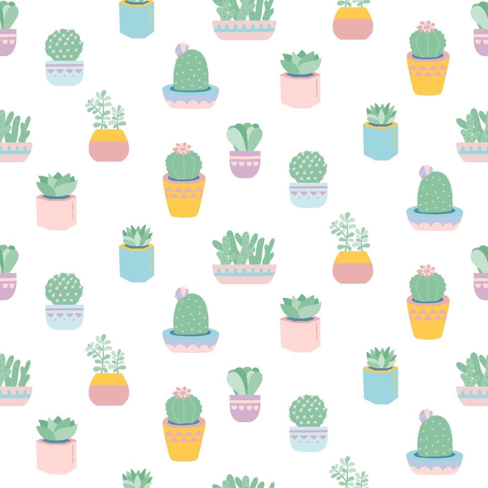 Seamless pattern with cute succulents in pots. Potted house plant. Vector print in pastel colors.