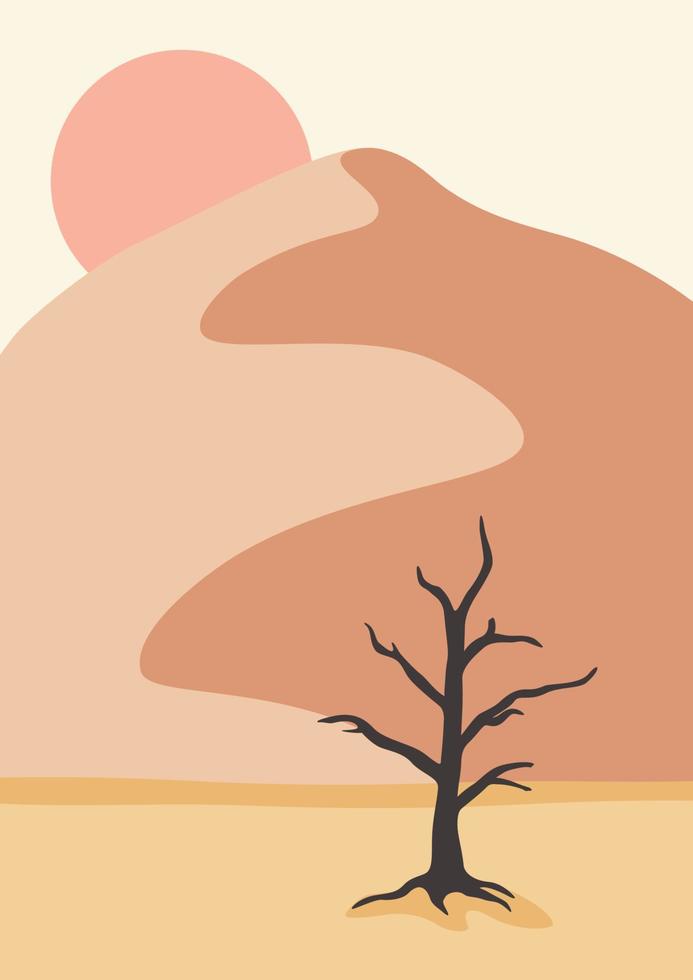 Landscape poster with old tree in desert. vector