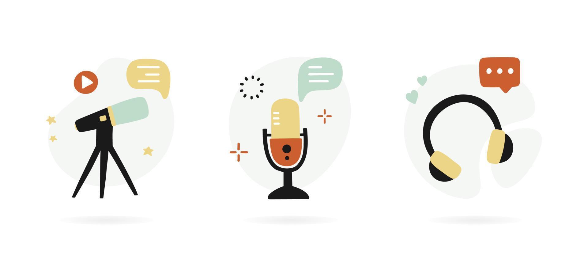 Set of hand drawn icons for podcasting. vector