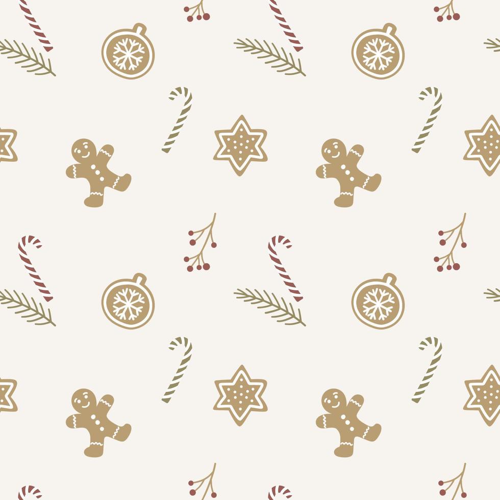 Hand drawn seamless pattern with gingerbread, twigs and berries. vector