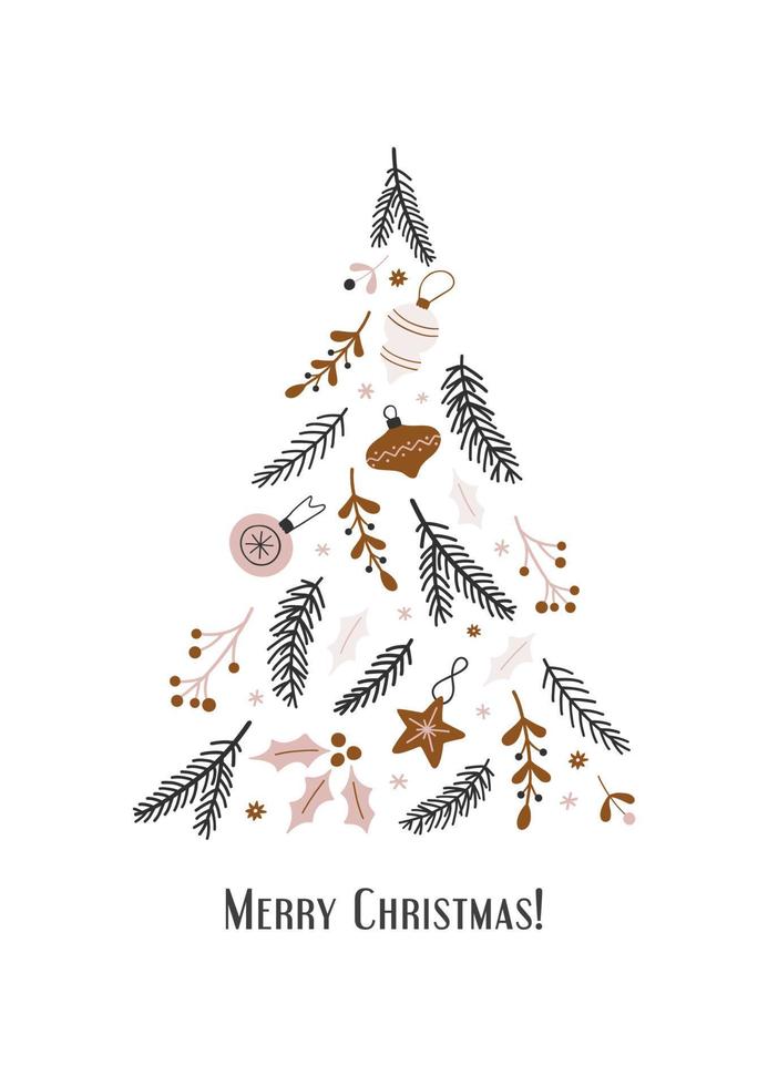 Hand drawn Christmas tree decorated with balls, fir branches, twigs and berries vector