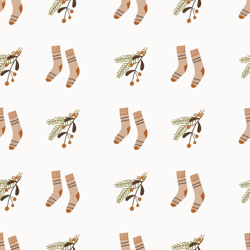 Cute hand drawn seamless pattern with fir tree branches and socks Cozy winter pattern. vector