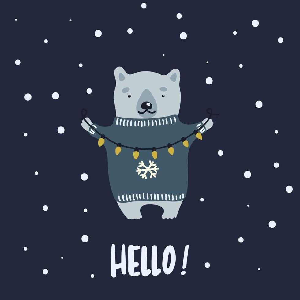 Vector illustration of cartoon bear wearing a holiday sweater and stringing fairy lights in the winter night.