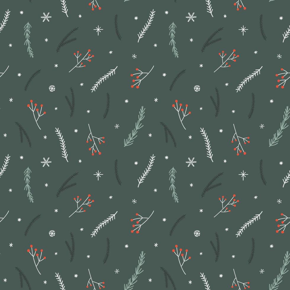 Seamless Christmas pattern with pine branches, red berries twig vector