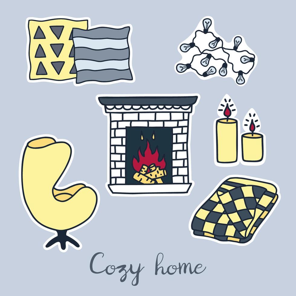 Vector hand drawn stickers set of Hygge elements.