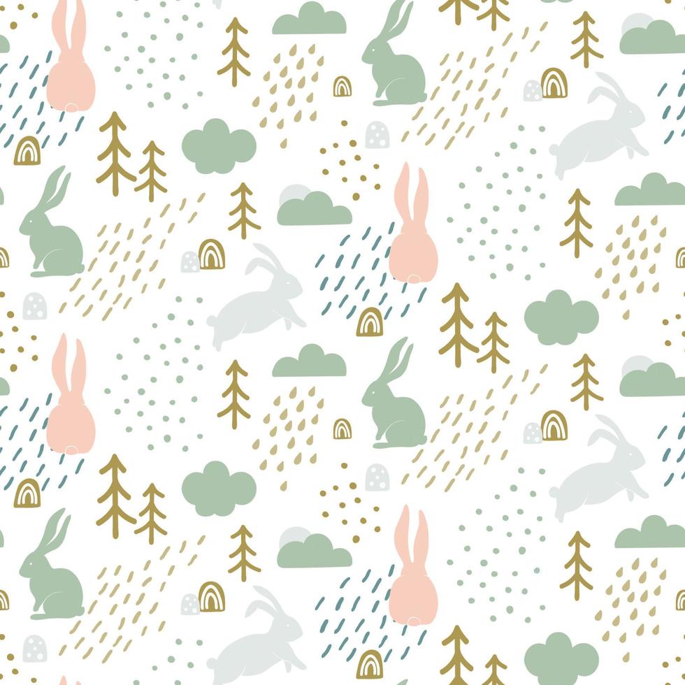 Seamless childish pattern with cute bunny silhouette in forest. Scandinavian style kids texture for fabric, wrapping, textile, wallpaper, apparel. Vector illustration