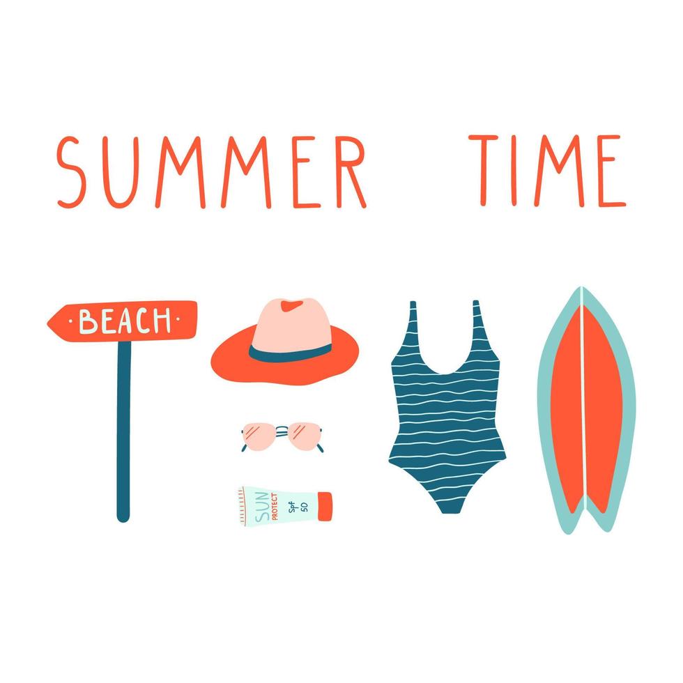 conjunto de ilustraciones de vacaciones de verano. tabla de surf, bañador, gafas de sol, bloqueador solar, gorra. vector moderno garabato clipart.