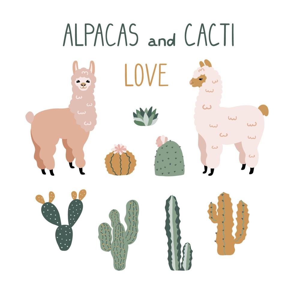 lindas alpacas de dibujos animados y elementos de diseño de cactus. imágenes prediseñadas vectoriales. vector