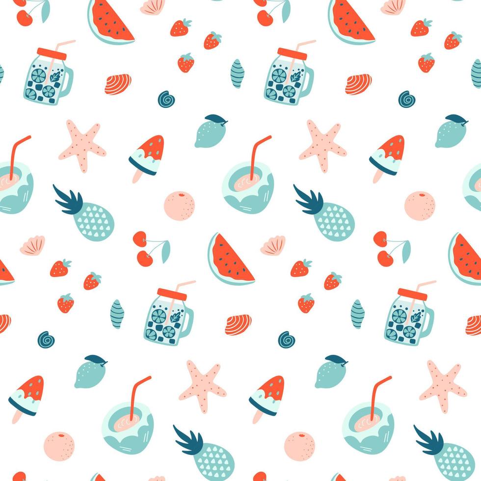 Summer seamless pattern. Fruits and cocktails. Vacation mood