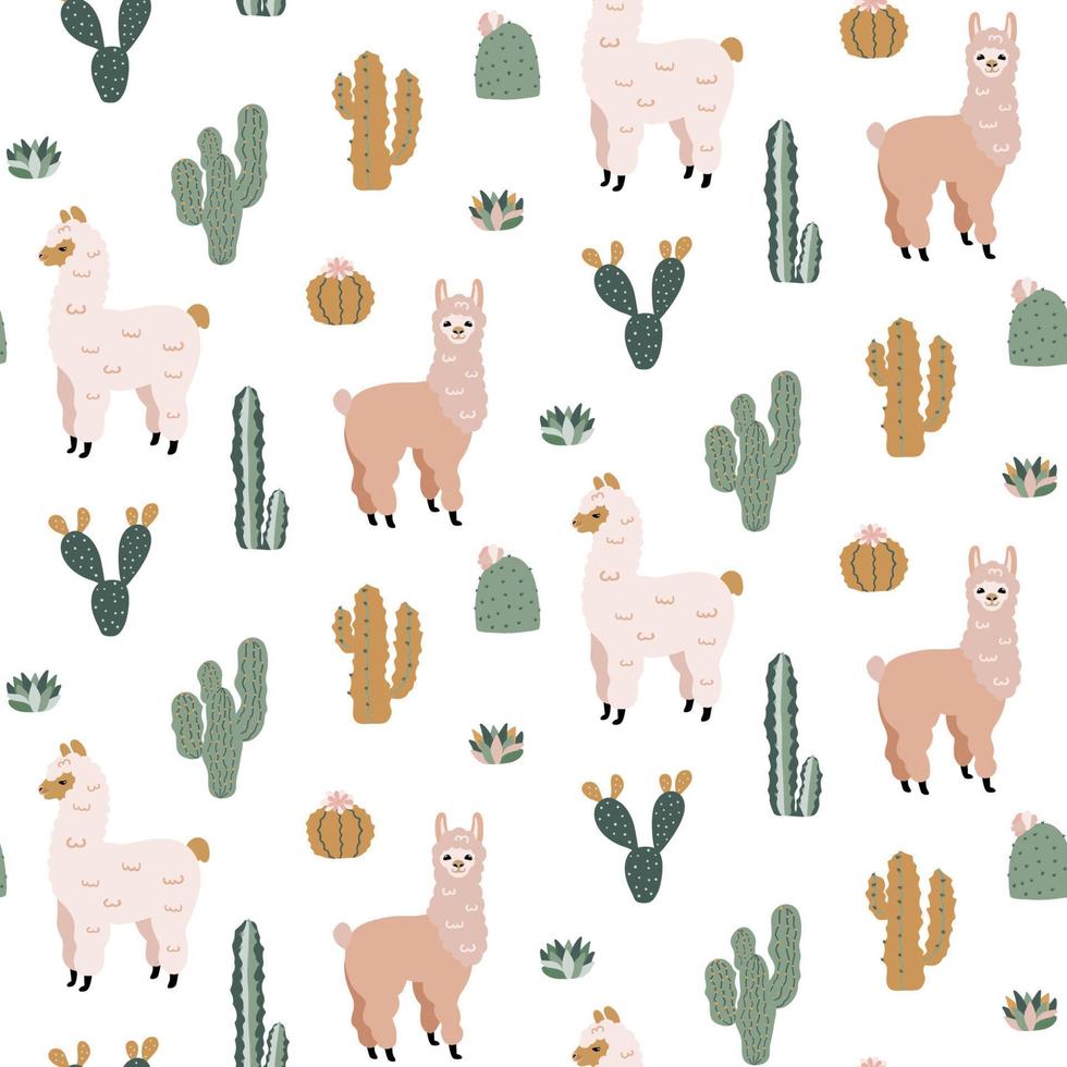Seamless pattern with cute Alpacas and Cacti. Childish vector print. Good for fabric design.