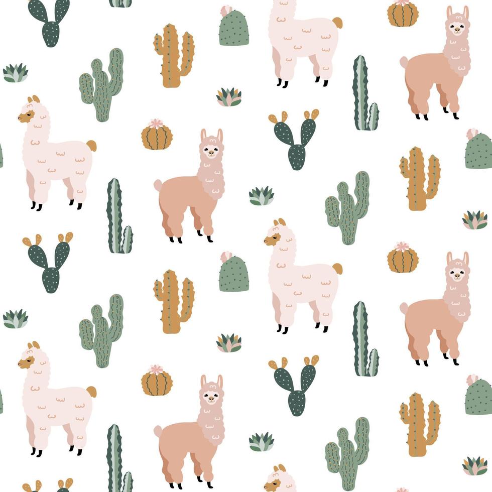 Seamless pattern with cute Alpacas and Cacti. Childish vector print. Good for fabric design.