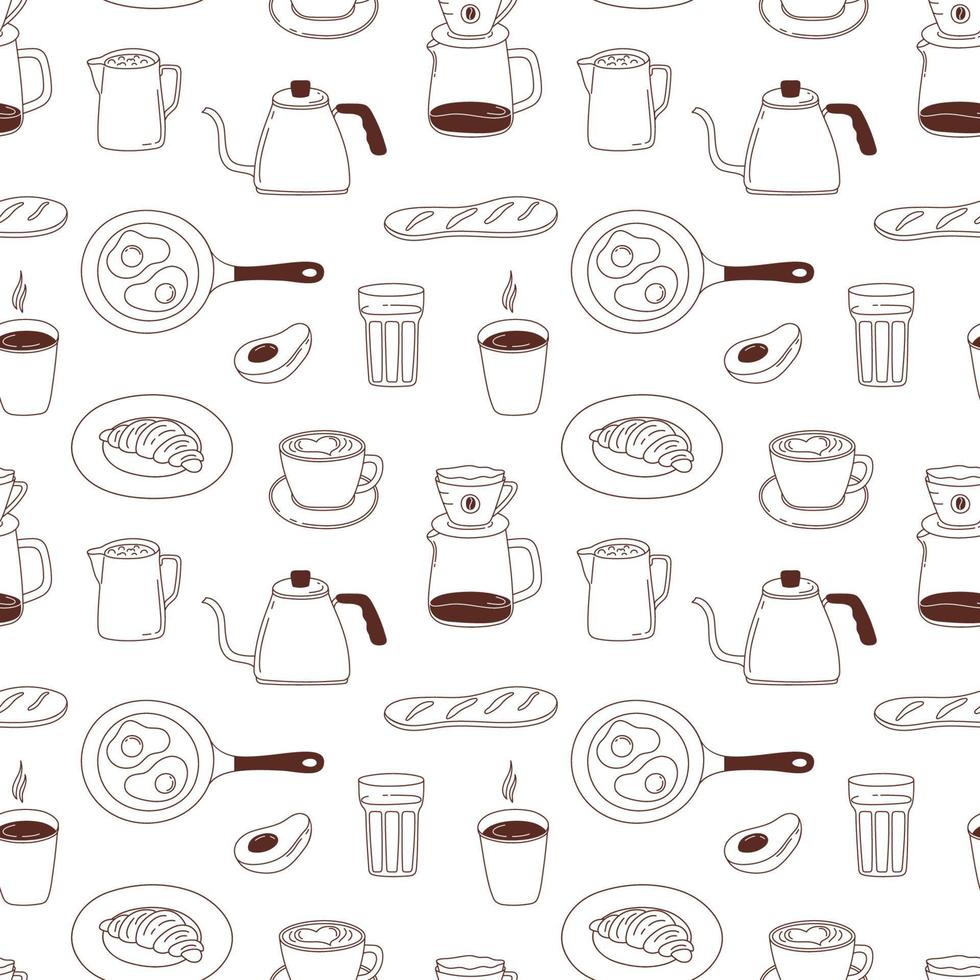 Coffee seamless pattern with cappuccino, cups, coffee pot, milk, croissant, eggs, bread and avocado. vector