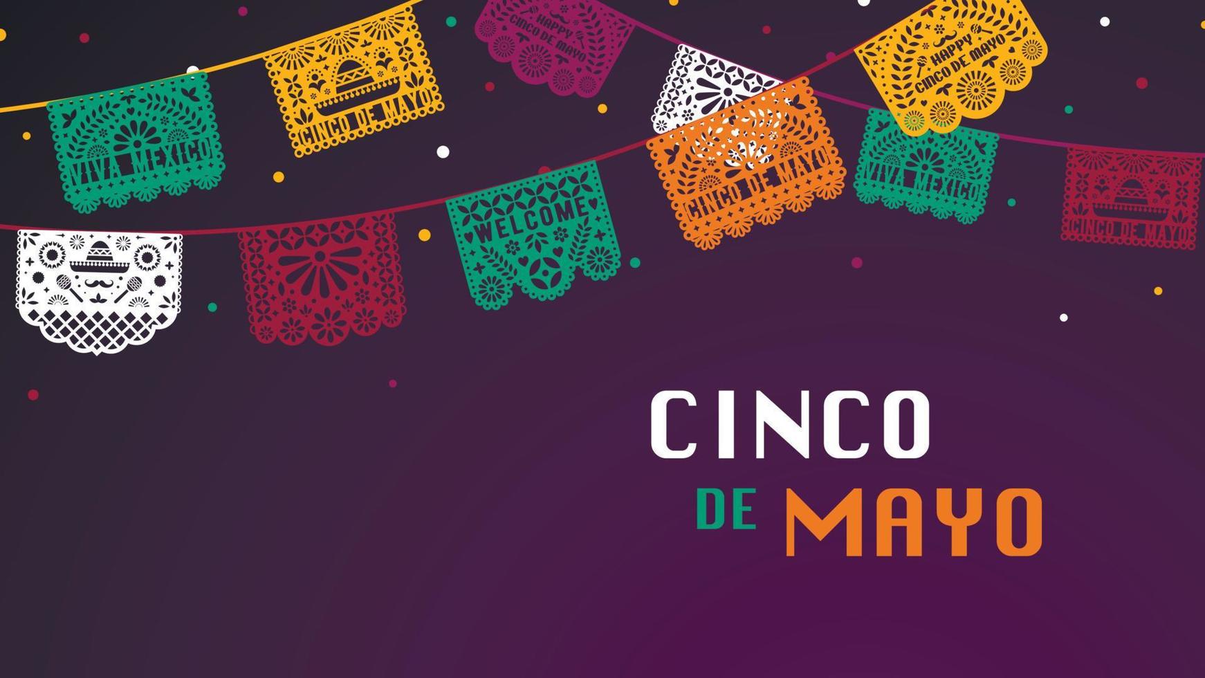 feliz pancarta de cinco de mayo con guirnalda de papel picado para la celebración de la independencia de méxico. vector