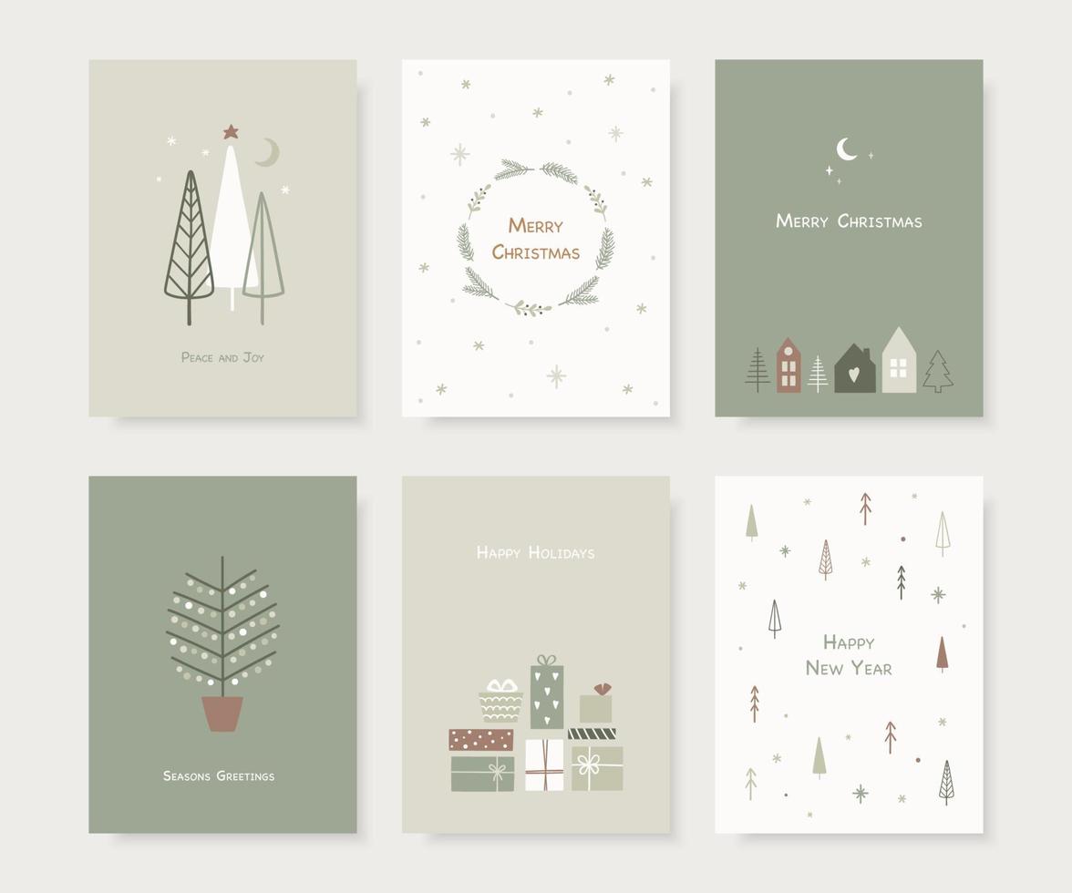 Set of hand drawn Christmas greeting cards. Trendy hand drawn christmas trees vector
