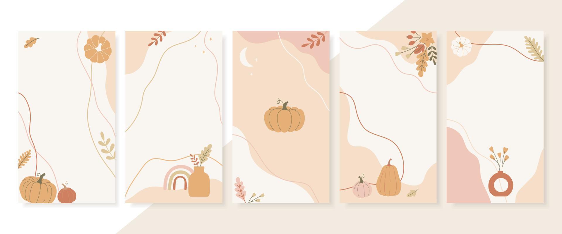 Abstract autumn season designs. Set of vertical templates in trendy collage style with leaves and pumpkins vector