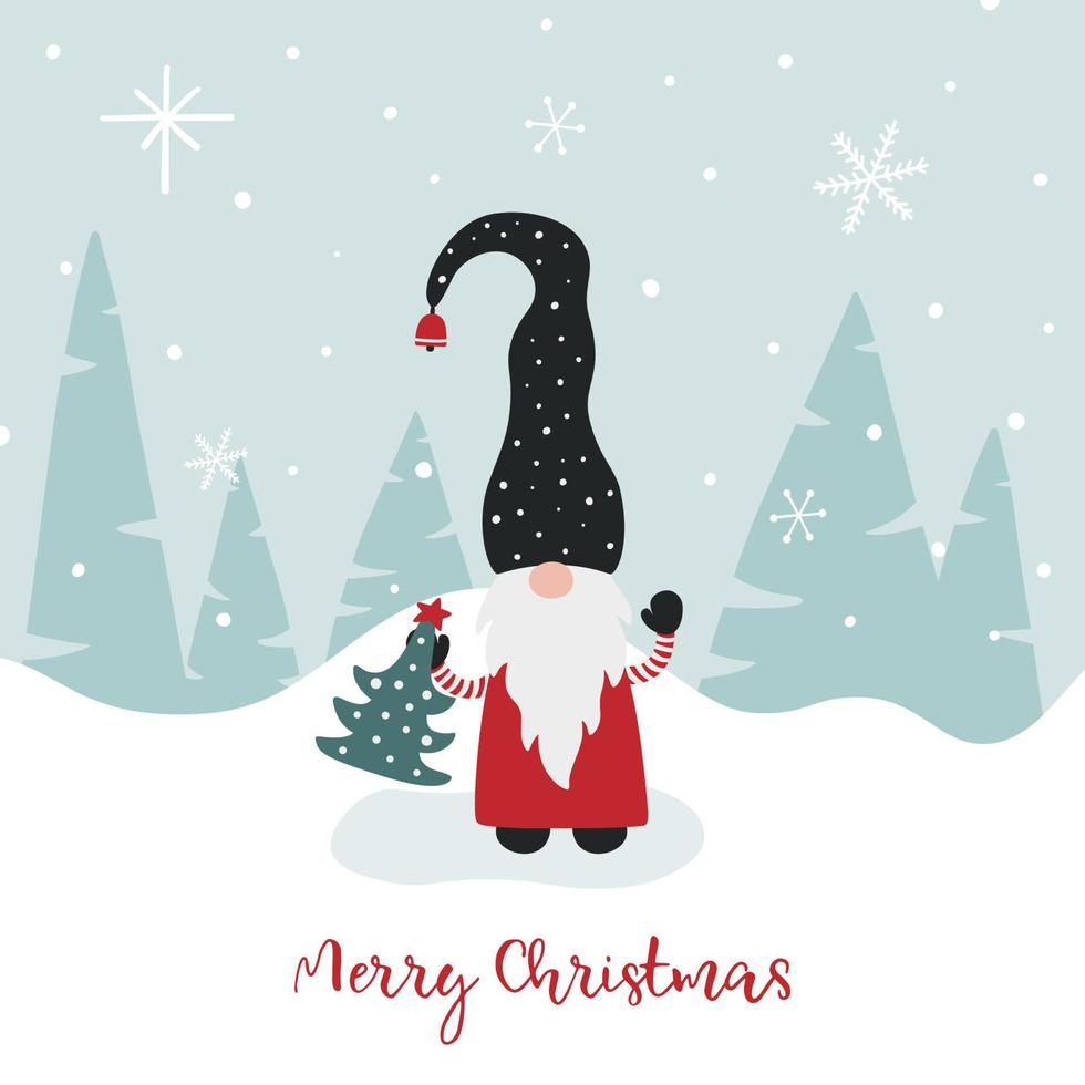 Greeting card with cute Scandinavian gnome, snowflakes and greeting text Merry Christmas. vector