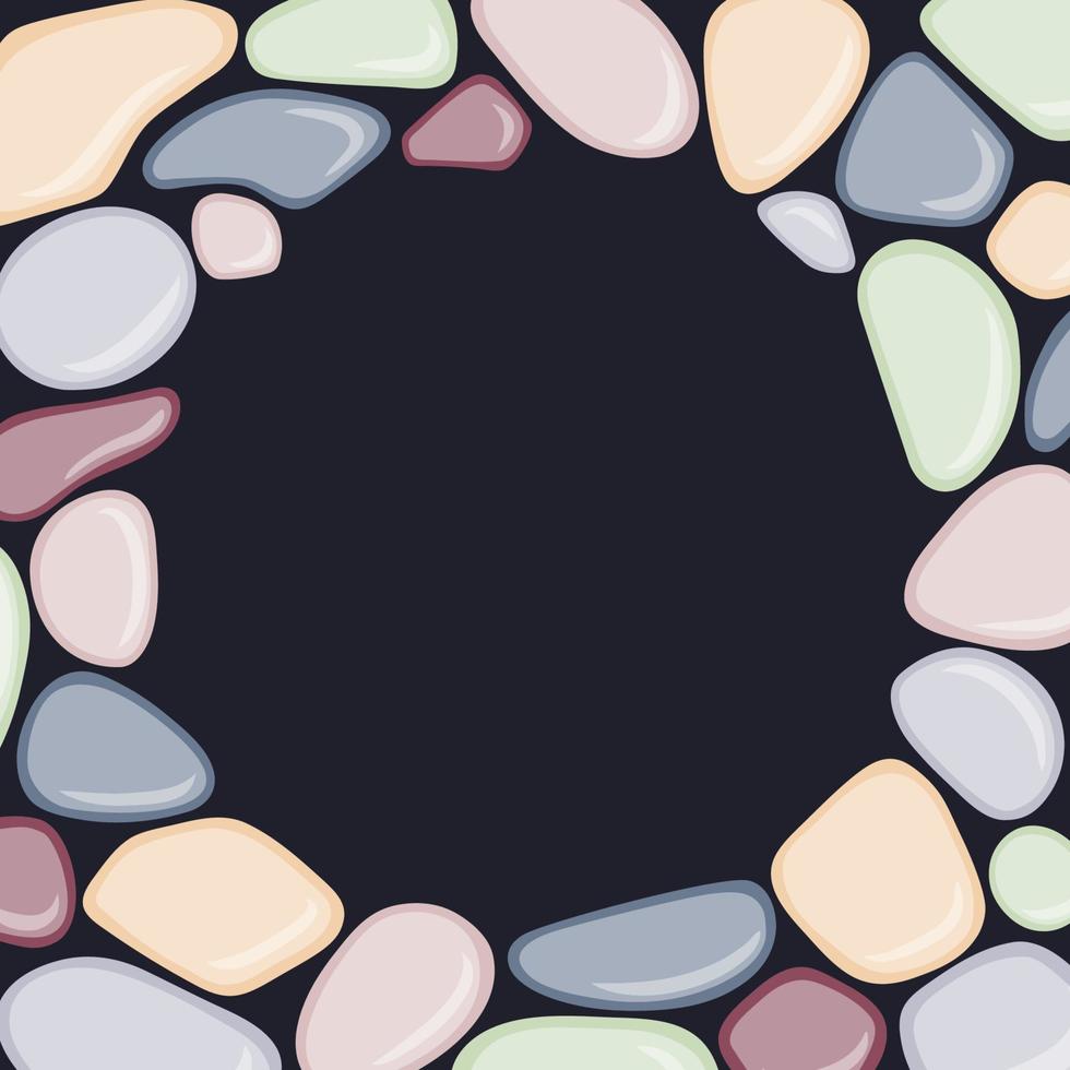 Round frame with sea pebbles on black background. vector