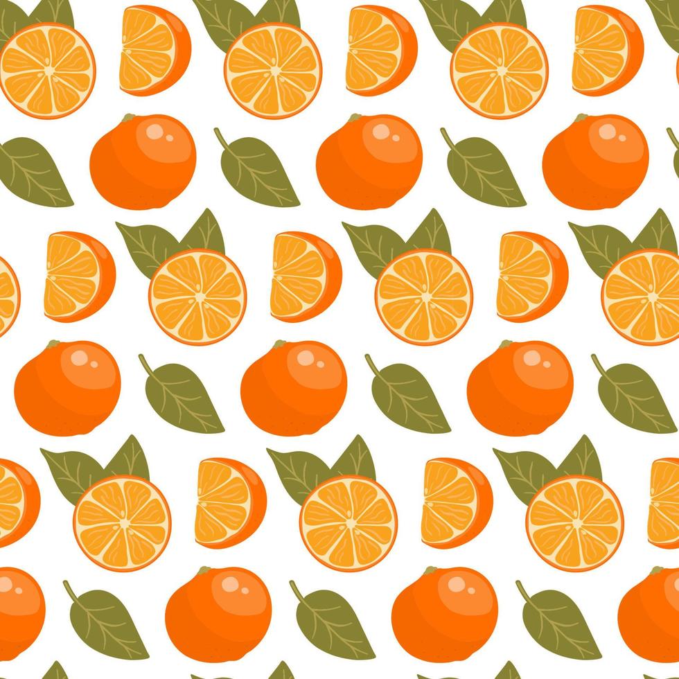 Seamless pattern with oranges, slices and leaves. vector