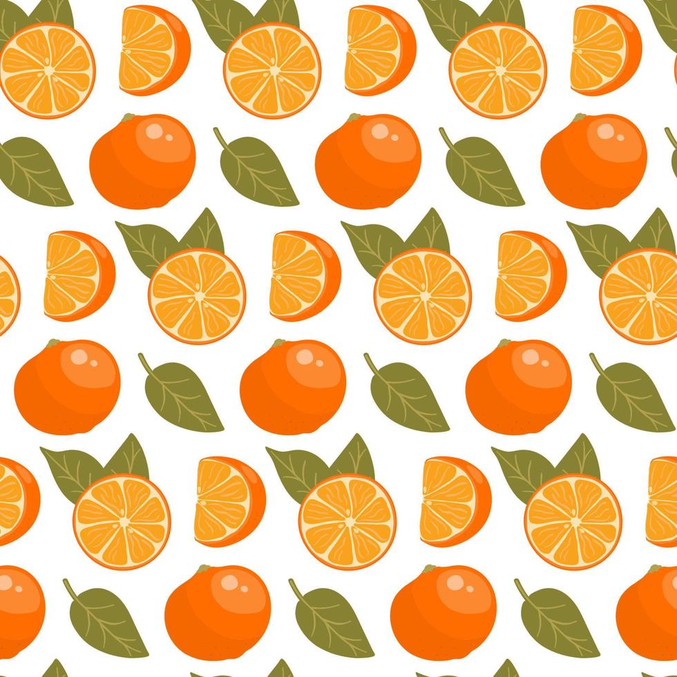 patrón sin costuras con naranjas, rodajas y hojas. vector