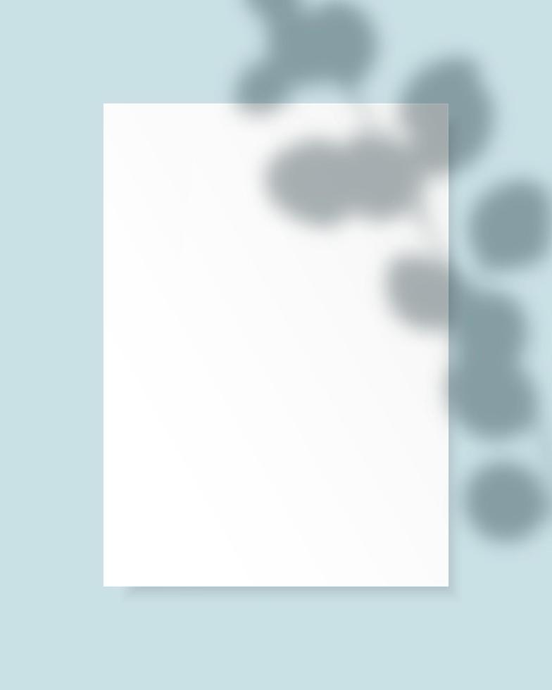 White vertical paper blank with eucalyptus leaves shadow on light blue background. vector