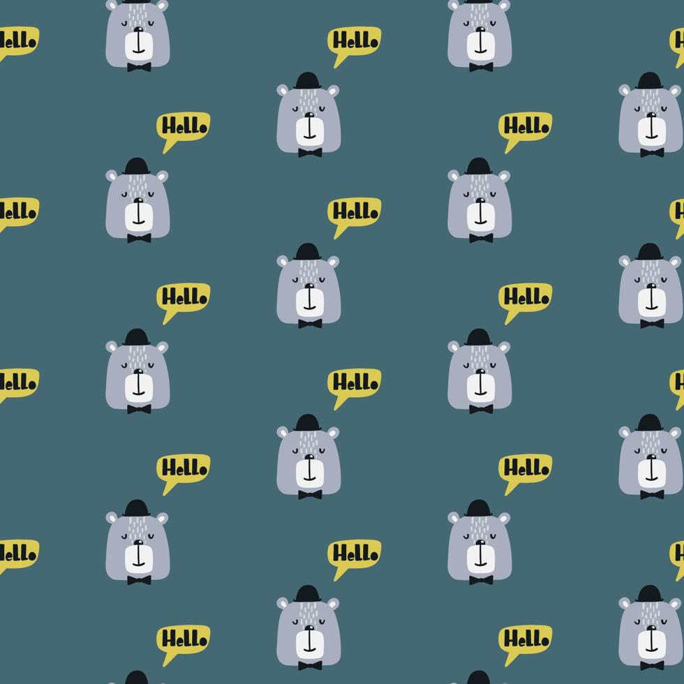 Seamless childish pattern with cute bear in a hat. Scandinavian style kids texture for fabric, wrapping, textile, wallpaper, apparel. Vector illustration