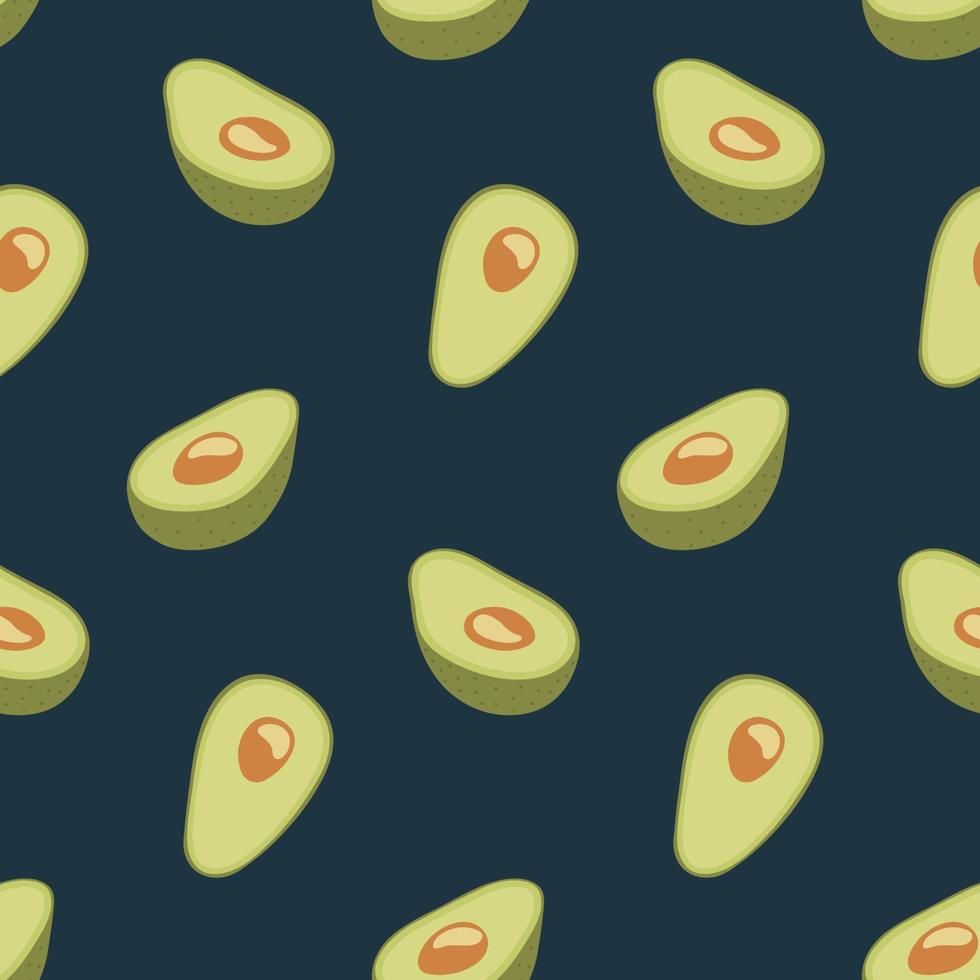 Seamless pattern of half avocado on dark green background. Vector print for textile, wallpaper, backdrop, wrapping, etc.