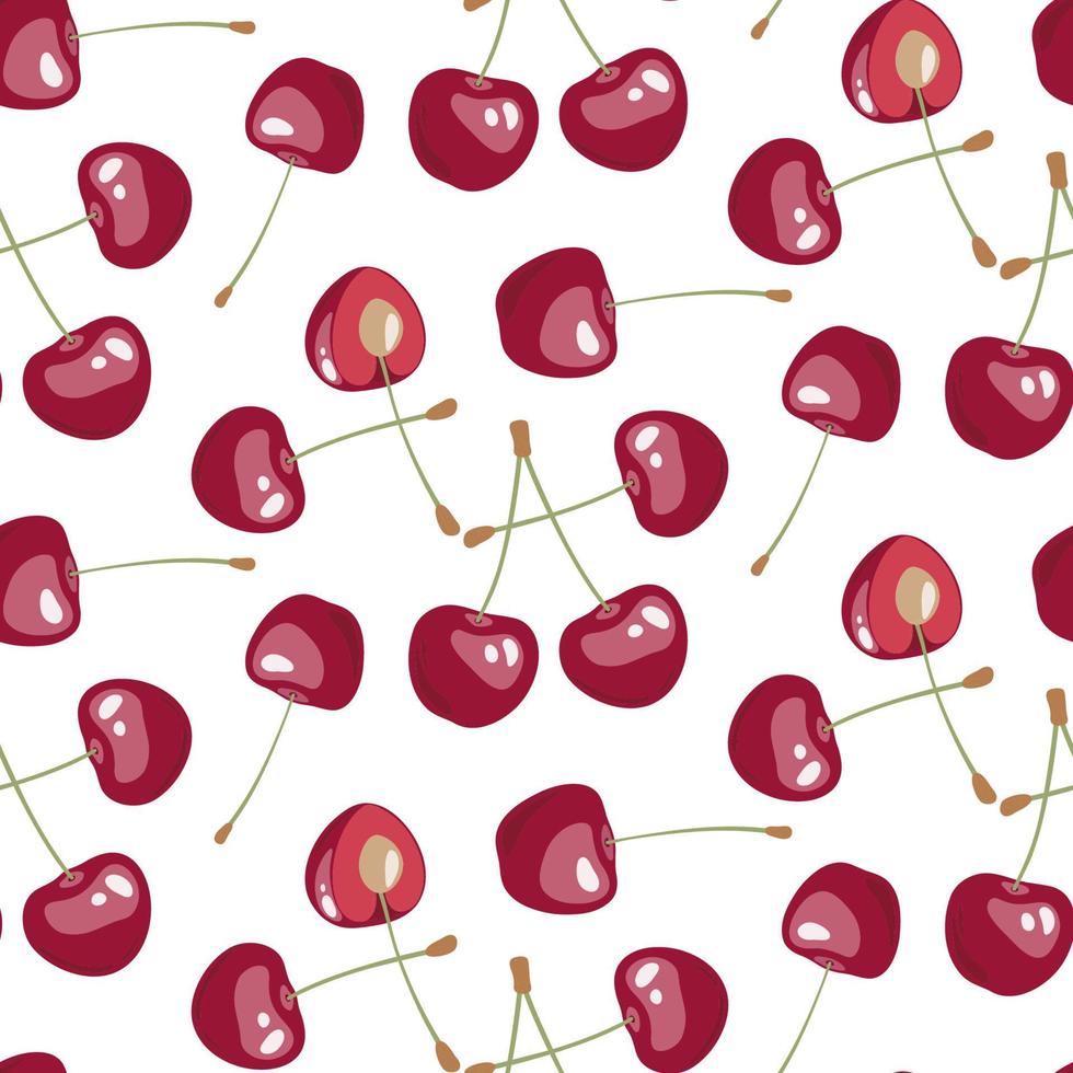 Seamless pattern with beauty cherries on white background. Vector wallpaper. Perfect for fabric,  backdrop, wrap, etc.