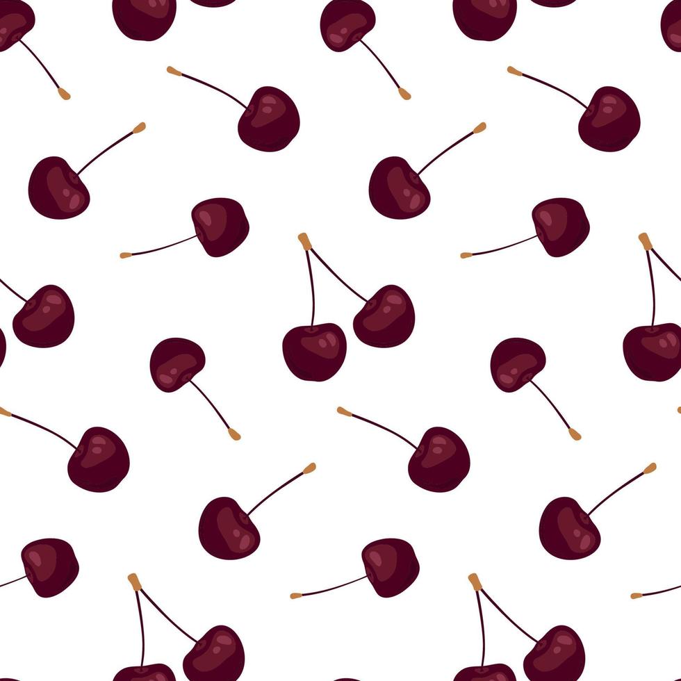 Seamless pattern with beauty cherries on white background. Vector print for your design. Perfect for fabric, wallpaper, backdrop, wrap, etc.