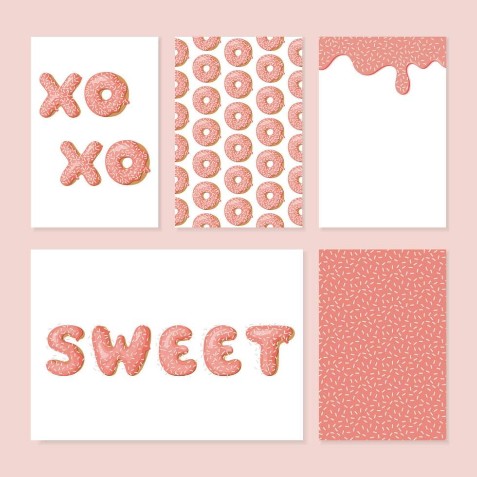 conjunto de lindas tarjetas de donas. donut con glaseado rosa. patrón sin fisuras, fondo, tarjeta, afiche, pancarta. donuts fuente dibujada a mano. vector