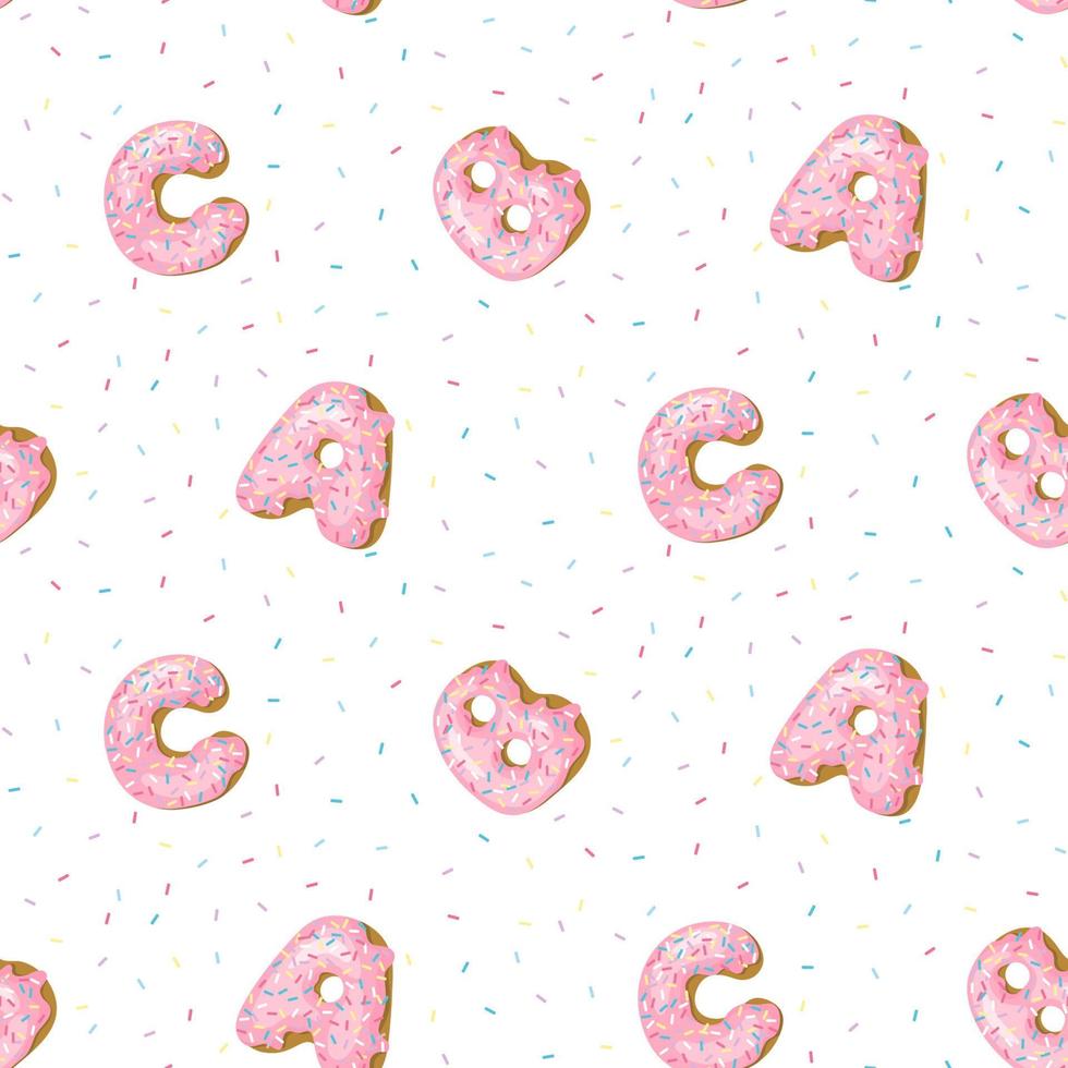 Cartoon seamless pattern with ABC donuts letters. Donut funny print. Vector wallpaper.