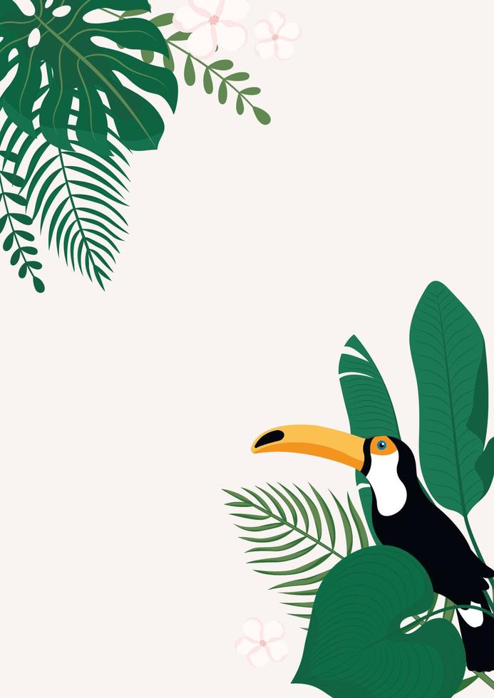 Modern vertical banner with tropical leaves and Toucan bird. vector