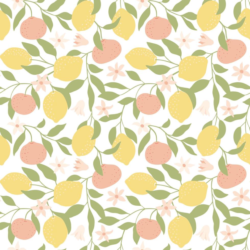 limones frescos, mandarinas y fondo de hojas. telón de fondo superpuesto dibujado a mano. vector