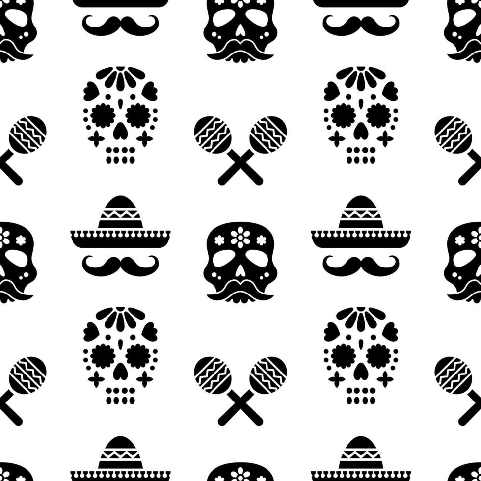 Seamless pattern with skulls, sombreros and maracas. vector