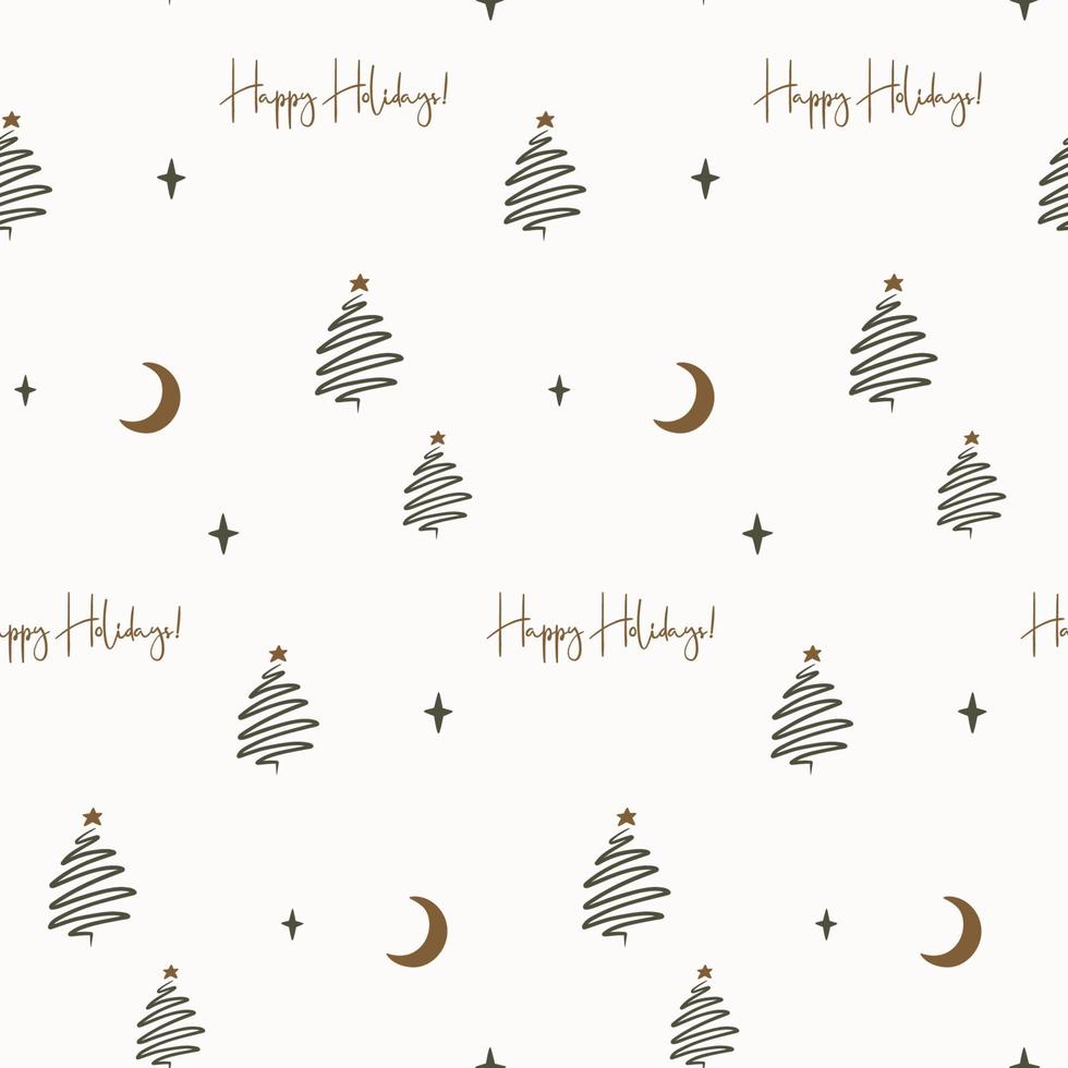 Seamless pattern with abstract hand drawn Christmas trees, moon, stars and text. vector