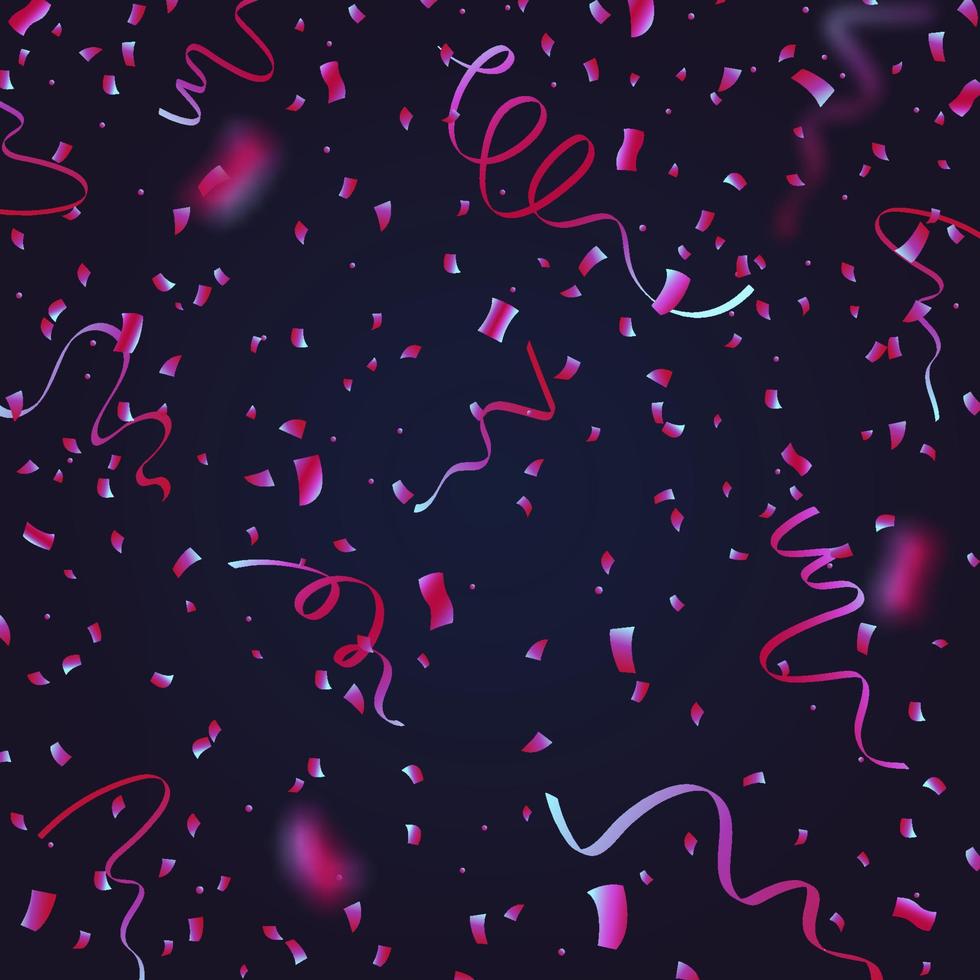 Pink and blue glossy confetti on dark background. Flying tinsel sparkles, gradient foil serpentine vector