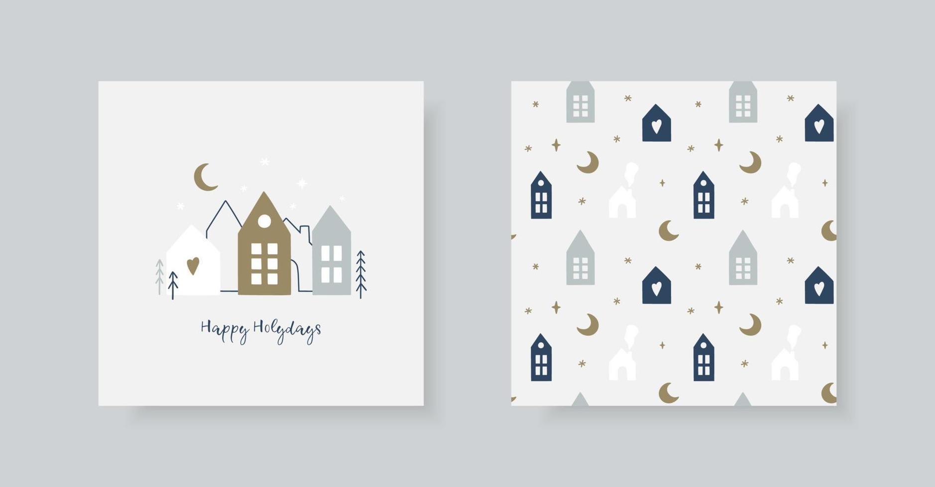 conjunto de tarjetas de felicitación navideñas a mano y patrones de invierno en estilo escandinavo. vector