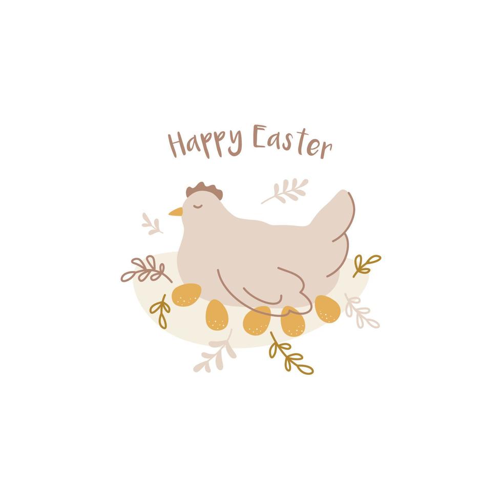 Happy Easter design. Hand drawn composition with chicken in nest and eggs. vector