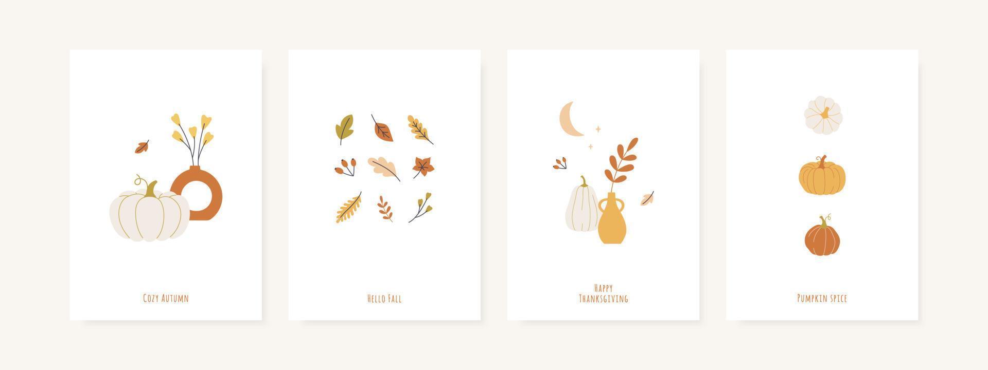 conjunto de tarjetas de felicitación de temporada de otoño y plantillas de carteles. arte de pared mínimo de otoño. vector