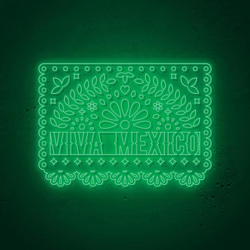 cartel de neón de viva méxico. tarjeta decorativa de papel picado al estilo neón. vector