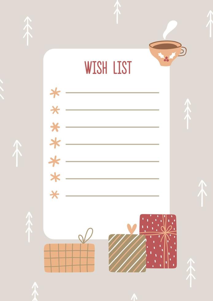plantilla de página de lista de deseos de navidad. gráfico dibujado a mano para la temporada de invierno. vector