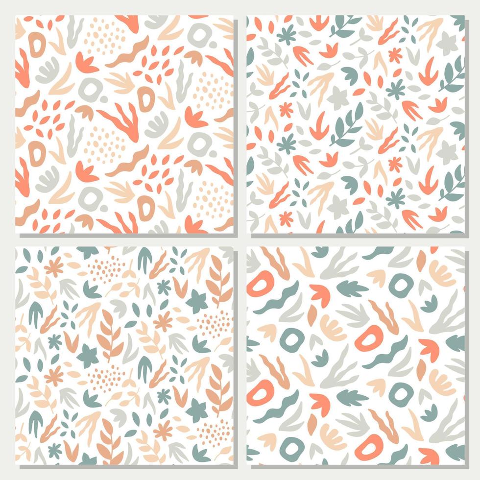 Vector hand-drawn seamless background set. Foliage seamless pattern collection.