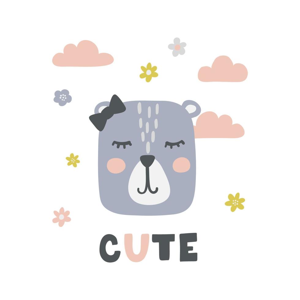 Childish poster with cute bear girl ,lettering and decorative elements. vector