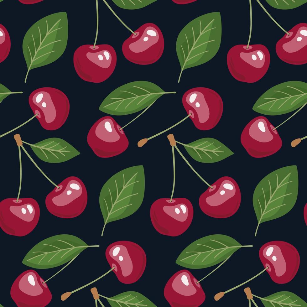 Seamless pattern with cherries and leaves on dark background. Vector print for your design. Perfect for fabric, wallpaper, backdrop, wrap, etc.