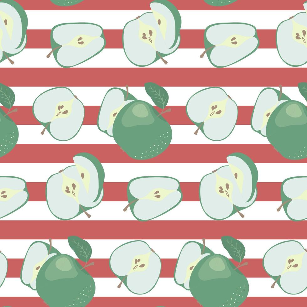 Fresh green apples on a striped red and white background. Seamless pattern. Colorful vector wallpaper. Good for printing.