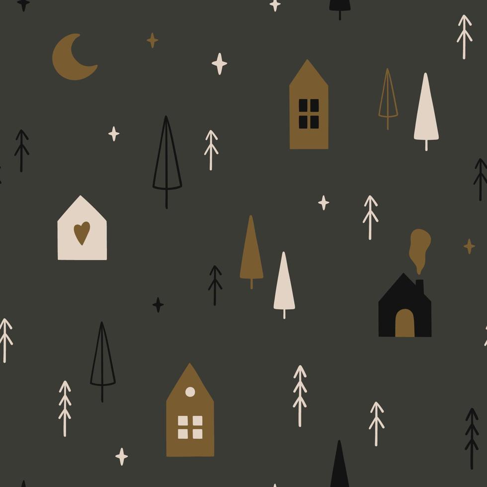 Seamless pattern with Christmas trees, moon, stars and cute scandinavian houses. vector