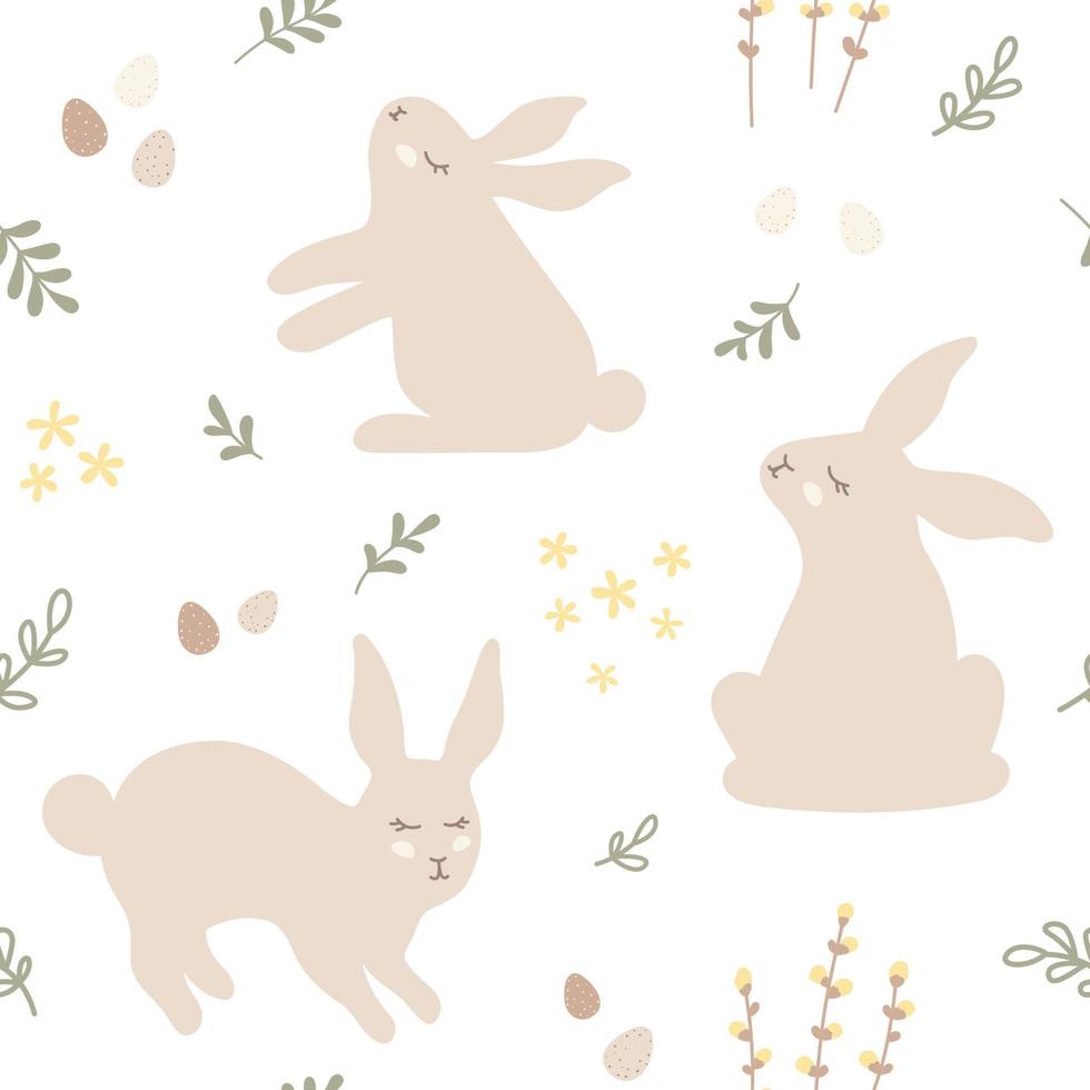 Vector repeating hand-drawn print. Easter pattern with bunnies, easter eggs