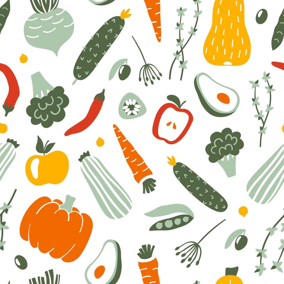 Fruits and vegetables flat hand drawn seamless pattern. vector
