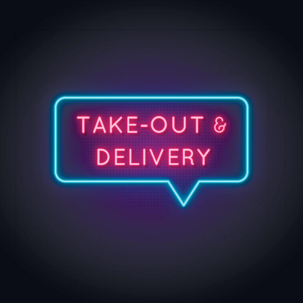 Take out and Delivery neon sign. Delivery glowing neon symbol on dark background. vector